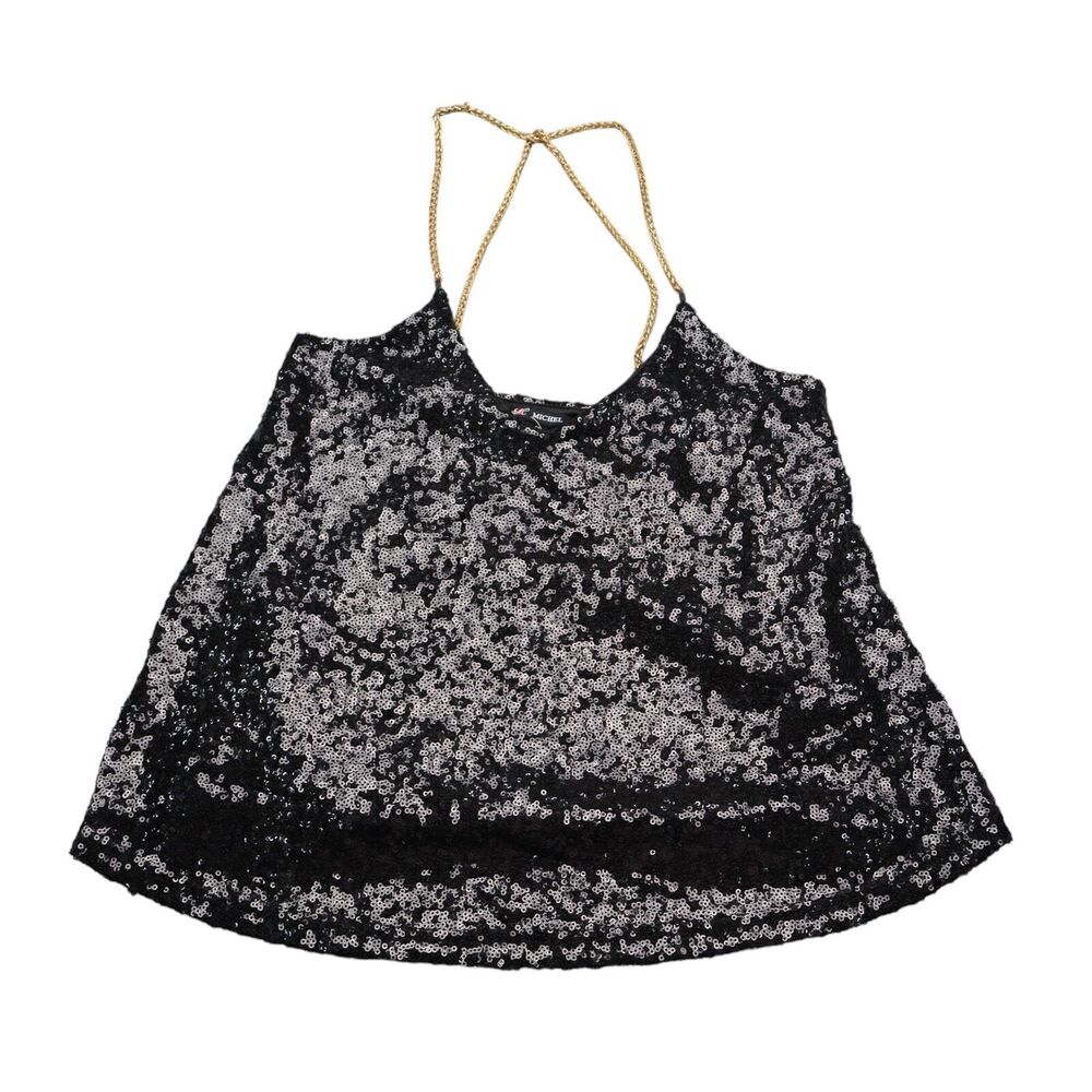 Michel Shirt Womens S Black Sleeveless Sequin Shimmer Chain Tank Top